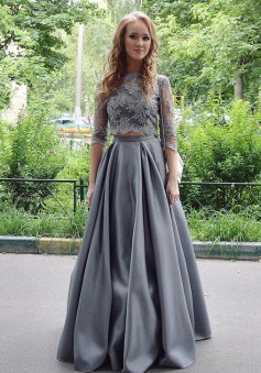 Two Piece Jewel Floor-Length Half Sleeves Grey Satin Prom Dress with Appliques