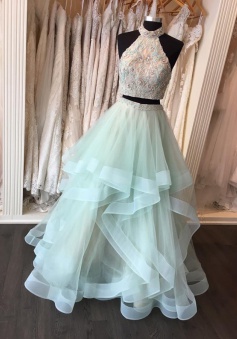 Two Piece High Neck Floor-Length Open Back Mint Organza Prom Dress with Appliques Beading