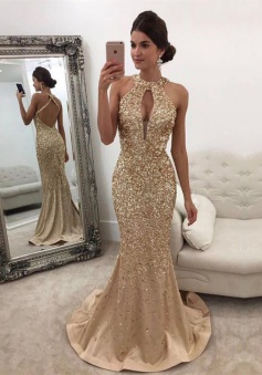 Mermaid Halter Sweep Train Criss-Cross Straps Keyhole Champagne Satin Prom/Evening Dress with Beading