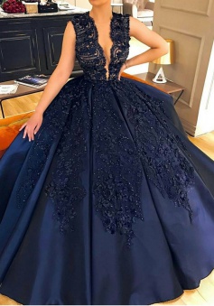 Ball Gown Jewel Court Train Sleeveless Navy Blue Satin Prom Dress with Appliques Beading