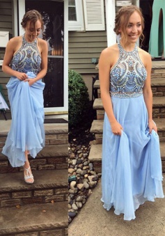 A-Line Halter Floor-Length Light Blue Chiffon Prom Dress with Beading