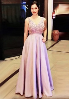 A-Line V-Neck Floor-Length Sleeveless Pink Stretch Satin Prom Dress with Beading