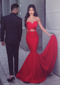 Mermaid Sweetheart Sweep Train Keyhole Cut Out Red Stretch Satin Prom Dress