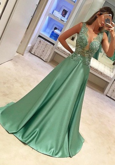 A-Line Crew Sleeveless Sweep Train Green Satin Prom Dress with Appliques Beading