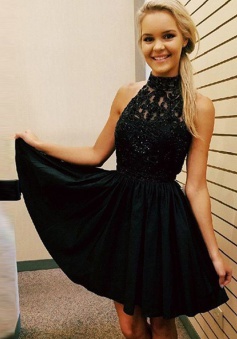 A-Line High Neck Short Black Chiffon Homecoming Dress with Beading Appliques