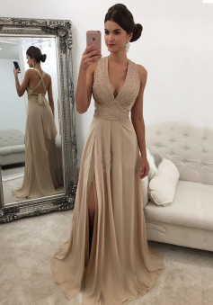 Sheath Deep V-Neck Sweep Train Criss-Cross Straps Champagne Chiffon Prom Dress with Beading