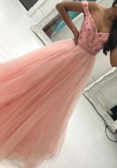 A-Line Off-the-Shoulder Sweep Train Pink Tulle Prom Dress with Beading