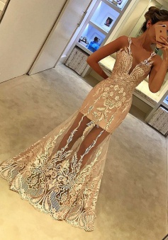 Mermaid V-Neck Floor-Length Sleeveless Champagne Tulle Prom Dress with Appliques