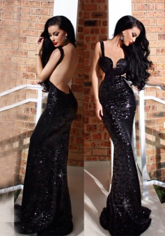 Mermaid Straps Sweep Train Cut Out Backless Black Sequined Prom Dress