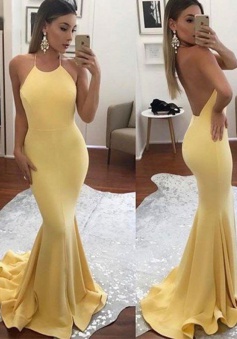 Mermaid Halter Sweep Train Sleeveless Backless Yellow Stretch Satin Prom Dress