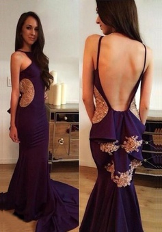 Mermaid Halter Sweep Train Backless Black Stretch Satin Prom Dress with Appliques Sequins