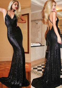 Mermaid V-Neck Sweep Train Criss-Cross Straps Black Sequined Prom Dress Long Evening Dress