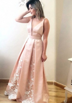 A-Line V-Neck Sweep Train Sleeveless Pink Satin Prom Dress with Appliques