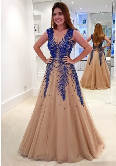 A-Line V-Neck Sweep Train Backless Champagne Tulle Prom Dress with Appliques Beading