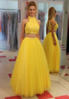 Two Piece Jewel Floor-Length Open  Back Yellow Prom/Evening Dress with Beading