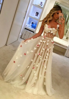 A-Line Spaghetti Straps Sweep Train Ivory Tulle Prom Dress with Flowers