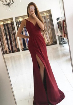 Mermaid V-Neck Sweep Train Split-Side Burgundy Chiffon Prom/Evening Dress