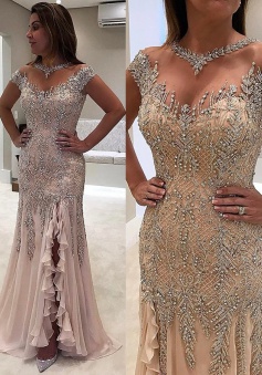 Mermaid Off-the-Shoulder Sweep Train Split-Side Champagne Chiffon Prom Dress with Beading