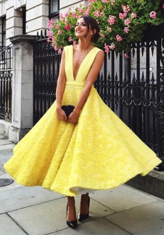 A-Line Deep V-Neck Ankle-Length Sleeveless Yellow Satin Prom Dress with Appliques