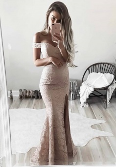 Sheath Off-the-Shoulder Floor-Length Blush Lace Prom Dress with Split