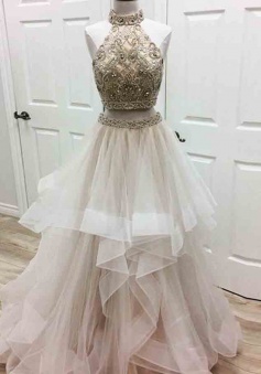 Two Piece Halter Asymmetrical Ivory Tulle Prom Dress with Beading Rhinestones