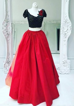 Two Piece V-Neck Short Sleeves Red Taffeta Prom Dress with Lace Flowers