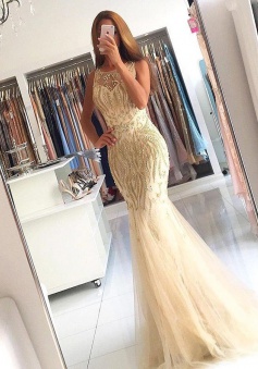 Mermaid Jewel Sweep Train Light Champagne Tulle Prom Dress with Beading