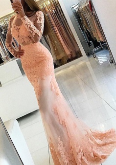 Mermaid Bateau Open Back Pearl Pink Tulle Prom Dress with Appliques Sleeves