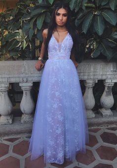 A-Line V-Neck Backless Lavender Tulle Prom Dress with Lace