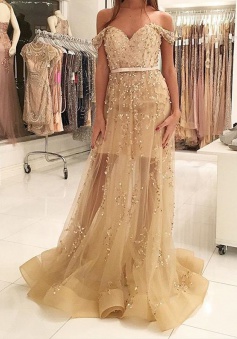 A-Line Off-the-Shoulder Sweep Train Champagne Prom Dress with Sash Beading