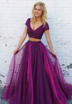 Two Piece V-Neck Short Sleeves Purple Tulle Prom Dress with Beading