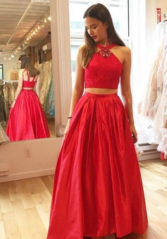 Two Piece V-Neck Floor-Lenght Red Satin Prom Dress with Lace Rhinestones