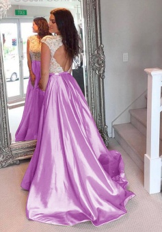 A-Line Bateau Open Back Sweep Train Lilac Taffeta Prom Dress with Lace