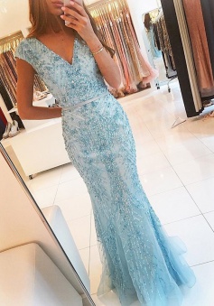 Mermaid V-Neck Cap Sleeves Blue Tulle Prom Dress with Sash Beading