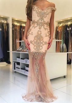 Sheath Off-the-Shoulder Sweep Train Champagne Tulle Prom Dress with Beading