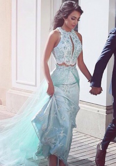 Two Piece Sheath Round Neck Blue Prom Dress with Lace Sequins Overskirt