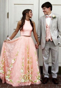 Two Piece Round Neck Pink Tulle Prom Dress with Lace Appliques