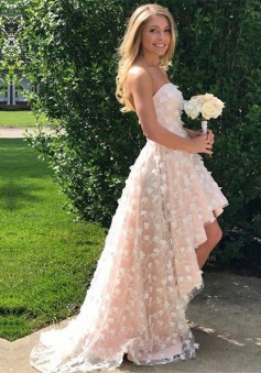 High Low Strapless Pearl Pink Lace Prom Dress with Appliques