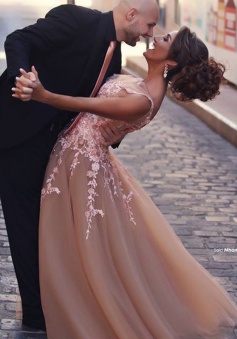 A-Line V-Neck Floor-Length Champagne Tulle Prom Dress with Appliques