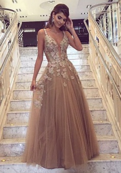 A-Line Deep V-Neck Champagne Tulle Prom Dress with Appliques