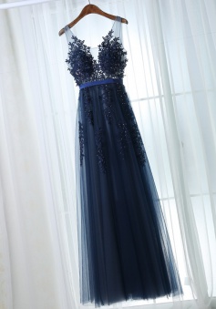A-Line Scoop Floor-Length Navy Blue Tulle Prom Dress with Sash Appliques