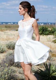 A-Line Bateau Short Ivory Satin Lace Open Back Beach Wedding Dress