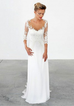 A-Line Illusion Scoop Sweep Train Chiffon Appliques Wedding Dress with Sleeves
