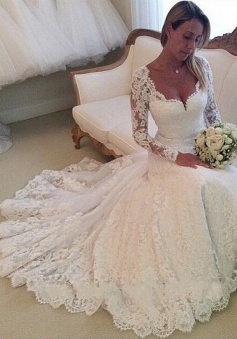 Elegant Sweetheart Long Sleeves Appliques Lace Wedding Dresses Chapel Bridal Gowns WD-70925