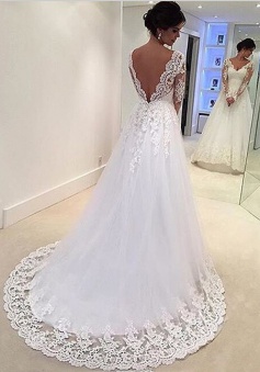 Elegant V-neck Long Sleeves Lace Appliques Open Back White Wedding Dress