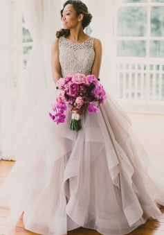 A-line Crew Court Train Organza Lace Grey Open Back Wedding Dress