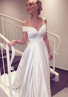 Simple A-line Off-the-shoulder White Long Wedding Dress with Train