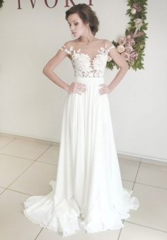 Elegant Illusion Bateau Sweep Train Wedding Dress with Appliques Split