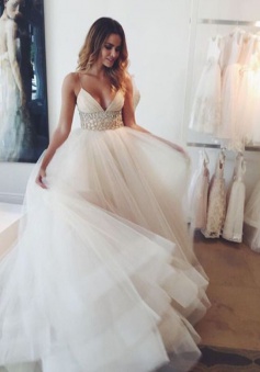 Stunning V-neck Sleeveless Sweep Train Ivory Wedding Dress with Beading Waist