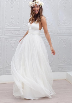 Simple V-neck Floor-Length Open Back White Wedding Dress Ruched Sash